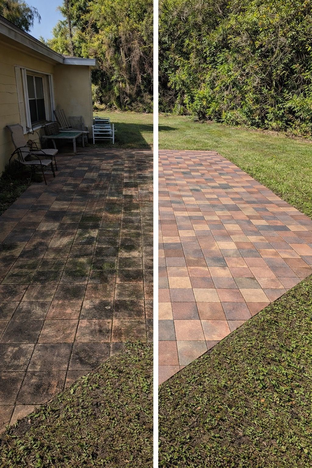 Side-by-side comparison of a brick patio before and after cleaning, showing significant improvement in appearance.