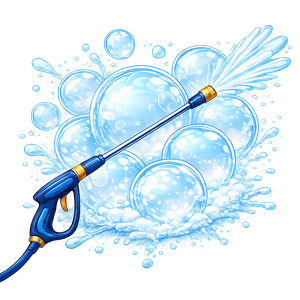 Blue pressure washer spraying water with soap bubbles.