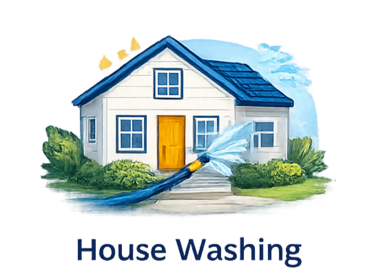 House being washed with a hose; white exterior, blue roof, yellow door.