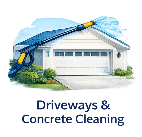 Power washer spraying water on a white house and concrete driveway. Text: Driveways & Concrete Cleaning.
