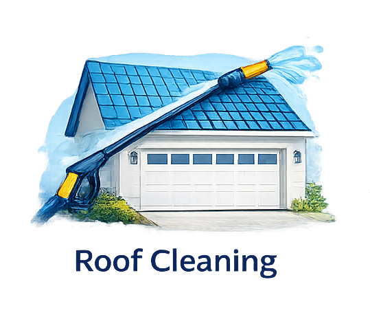 A house being cleaned with a pressure washer; water streams onto the blue tiled roof.