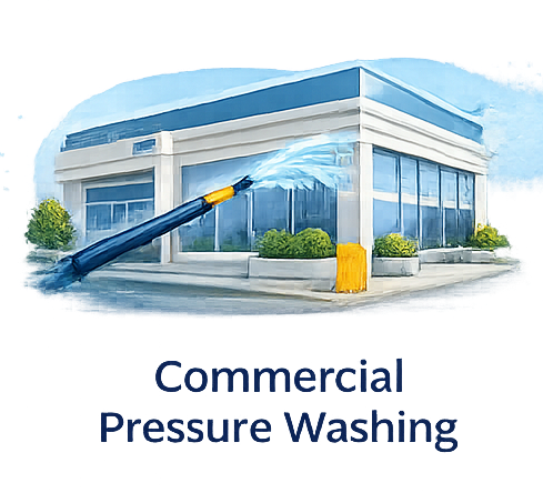 Commercial building being pressure washed with blue water, blue and white building, yellow object, green shrubs.