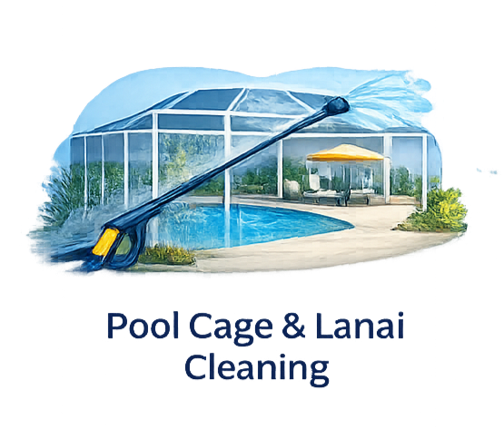 A power washer cleaning a pool cage and lanai with a pool in the background.