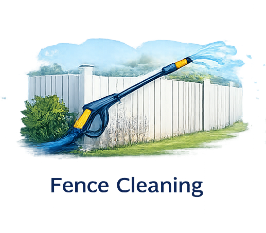 A pressure washer cleaning a white fence.