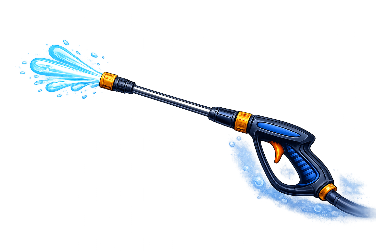 Blue and black pressure washer spraying water.