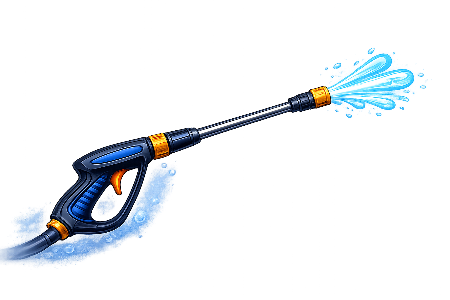 Pressure washer spraying water. Black and blue with orange accents.