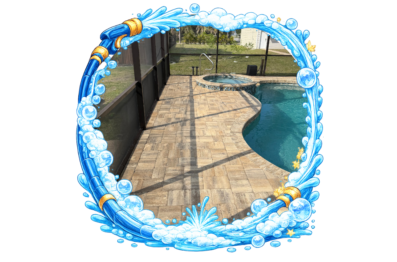 Side view of a light gray mobile home being washed with a blue water hose, set against a blue sky.