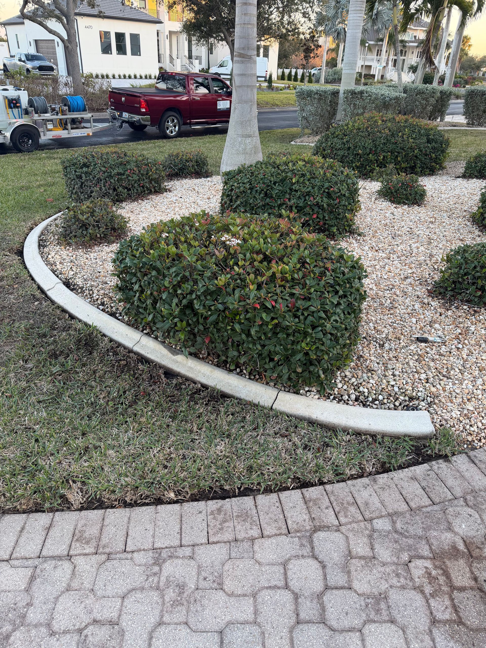 Landscaped shrub bed with white curb edging beside a brick walkway in a residential area
