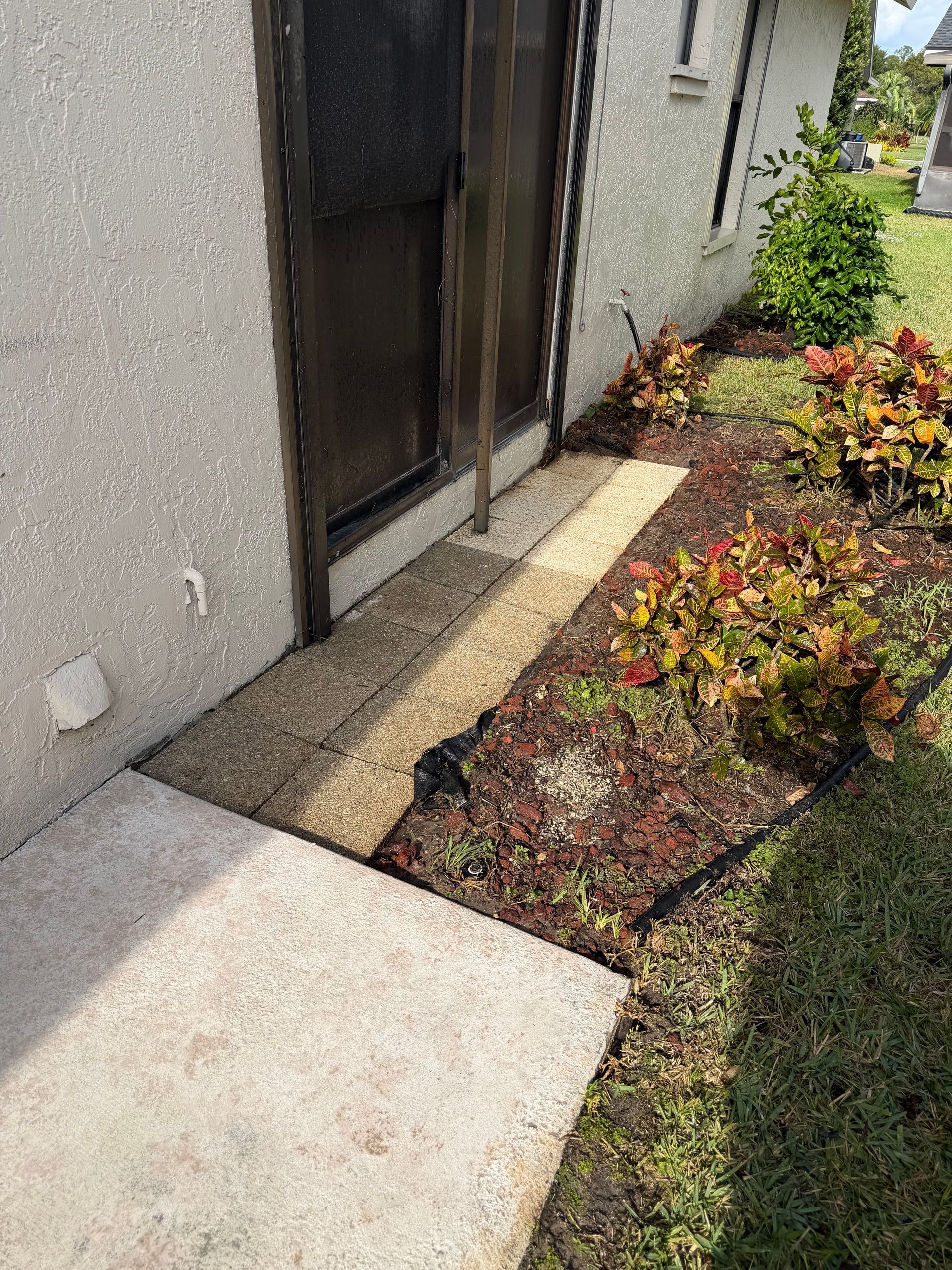 Front entrance with concrete step, narrow walkway, and small landscaped garden beside a house.