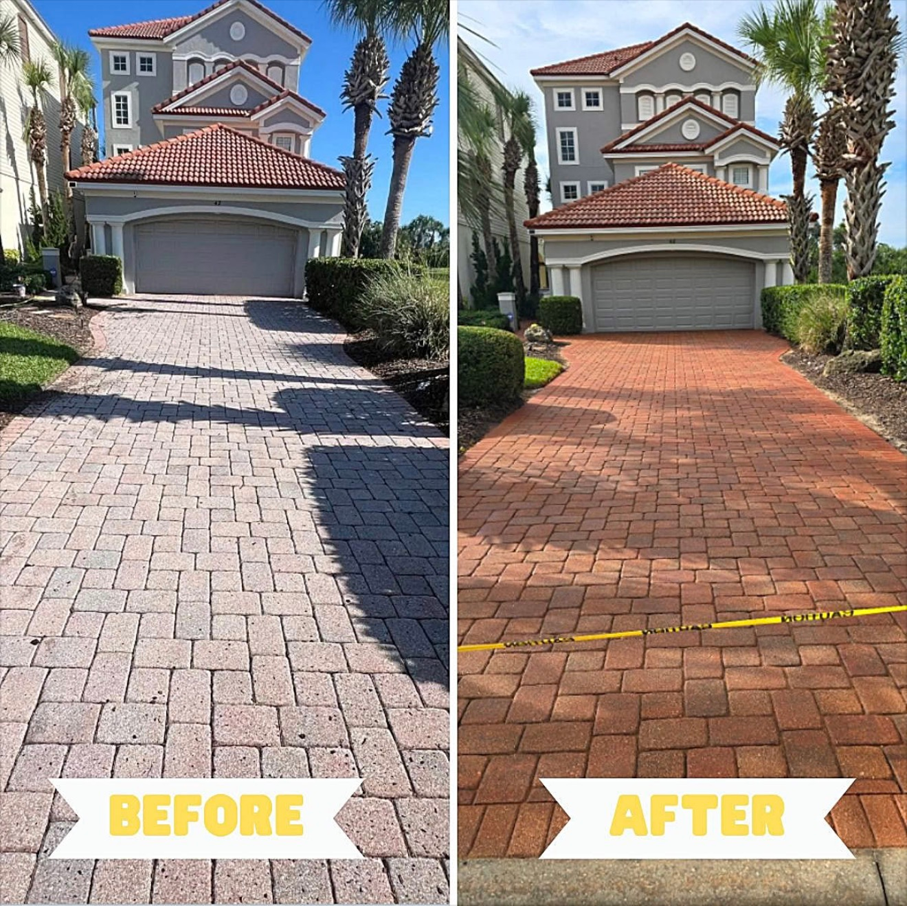 Driveway before and after cleaning: Bricks are light gray (before) and reddish-brown (after) in front of a house.