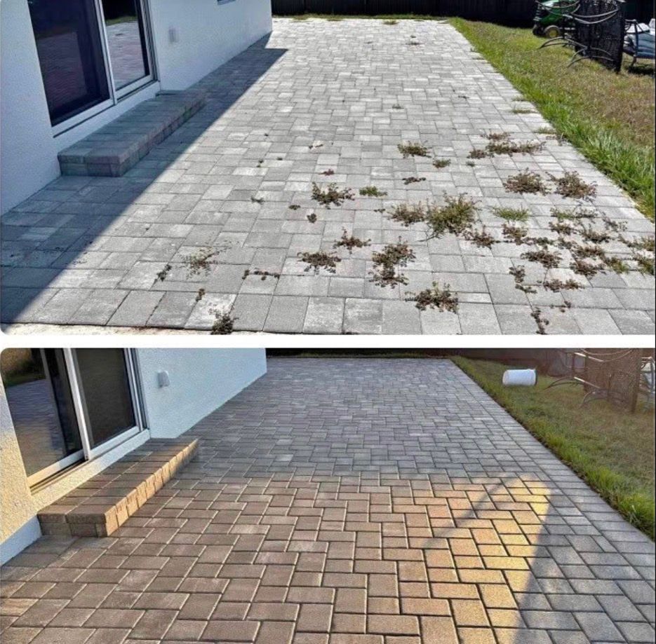 Before-and-after of a brick patio: top shows weeds, bottom is clean.  Exterior next to a white house, near grass.