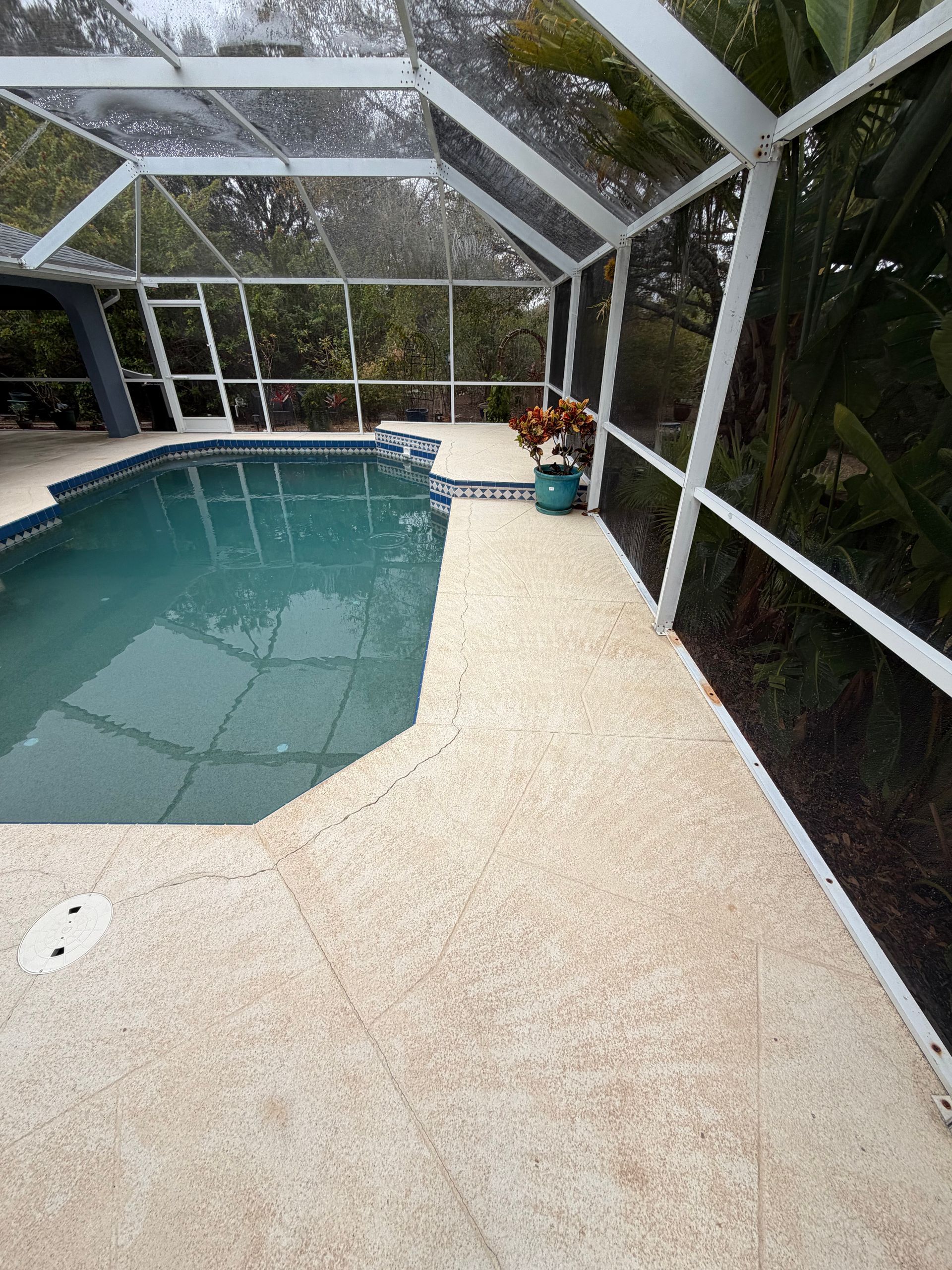 Screened-in pool patio with a turquoise swimming pool and light stone deck in a tropical setting