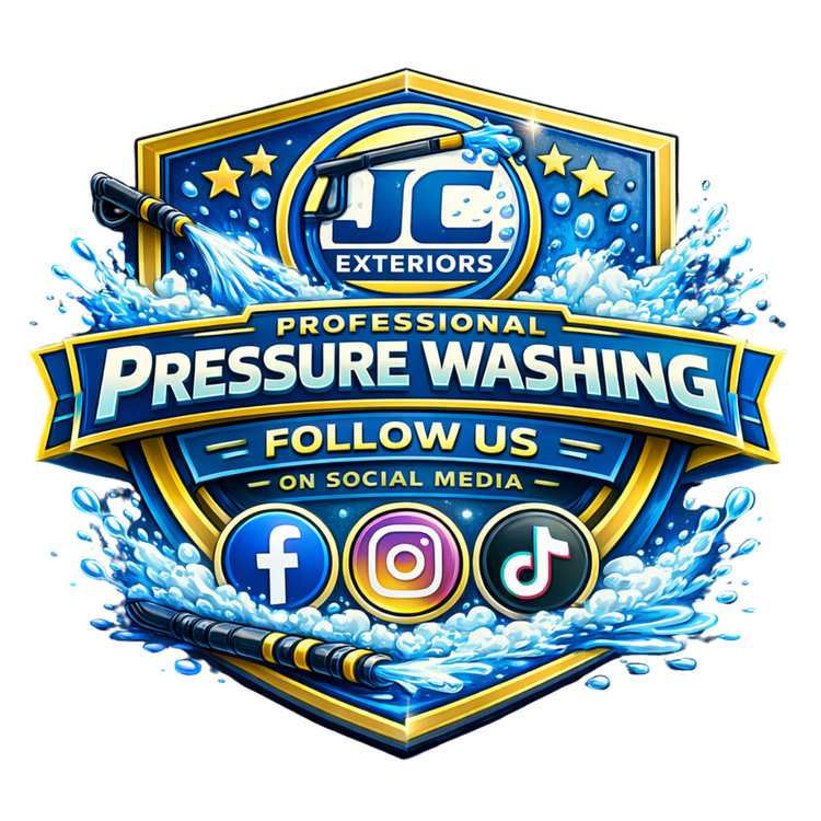 Logo for JC Exteriors featuring pressure washing services. It has social media icons and water sprays.