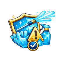 Blue cleaning illustration with shield, gloves, spray bottle, hose, exclamation point, and checkmark.