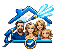Family smiling under a house outline with a hose spraying water; a checkmark icon is at the bottom.