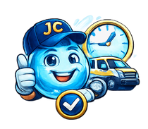 Smiling blue character with thumbs up, wearing a JC hat, by a clock, van, and checkmark.