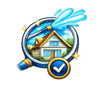 A house being cleaned with a hose inside a magnifying glass with a checkmark.