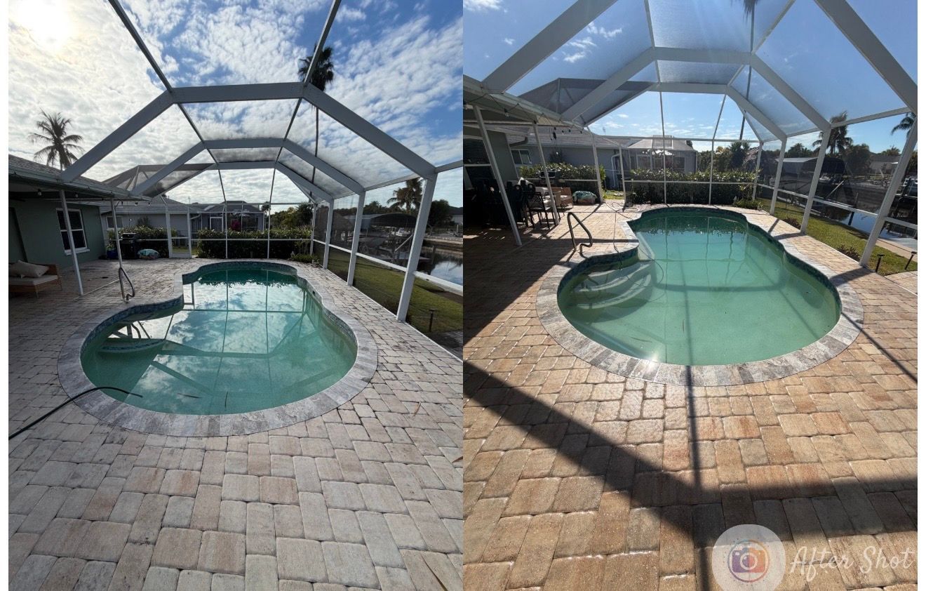 Two photos of a pool enclosed by a white-framed screen. One has a cloudy sky; the other, sunny.