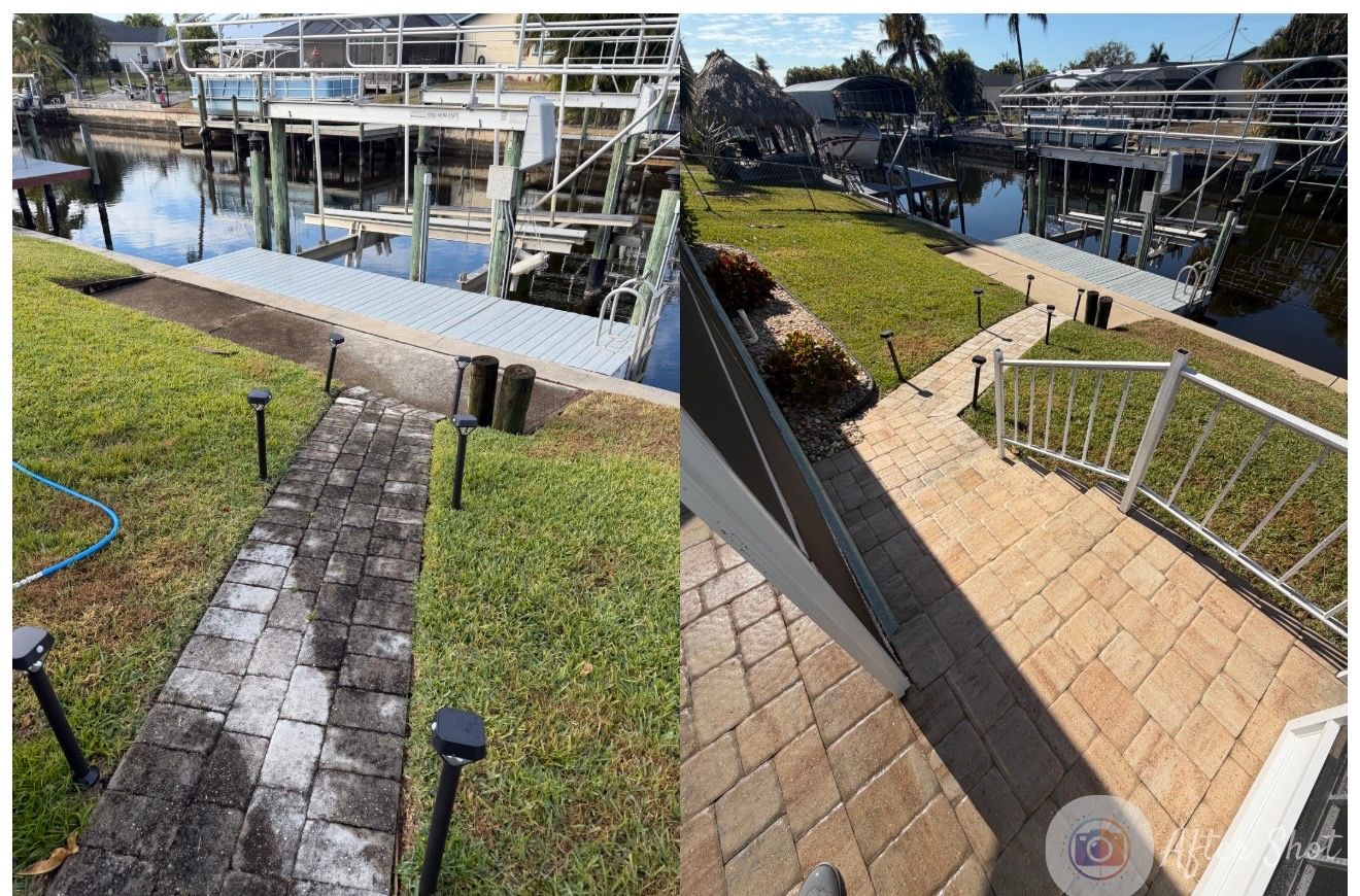 Comparison of before/after power washing. Paver pathway cleaned, leading to a dock with a waterway in the background.