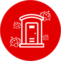 White outline of a portable toilet, surrounded by bubbles, on a red circle background.