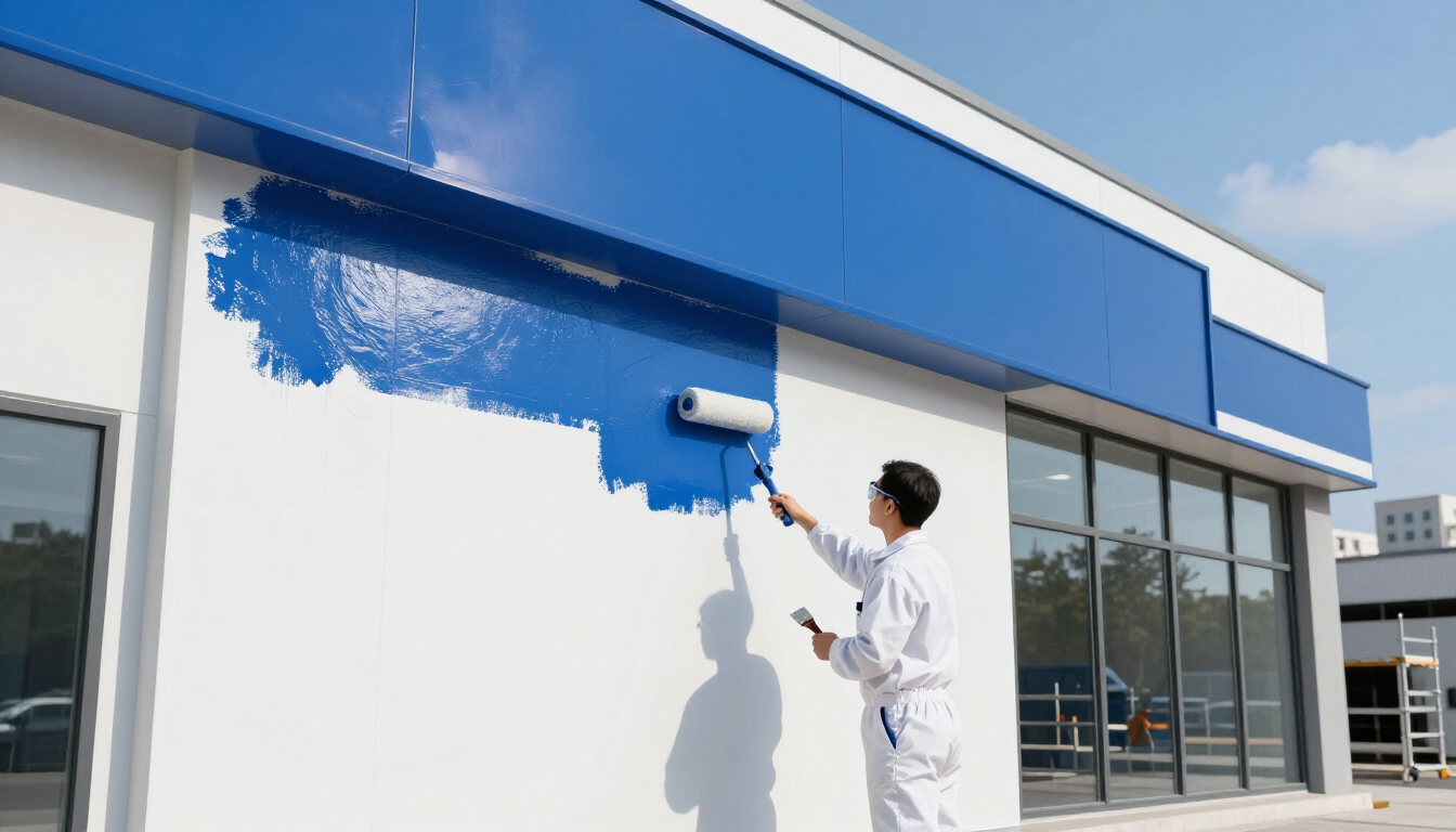 “Painter rolling bright blue paint onto a commercial building exterior for a painting company in Herriman, UT”