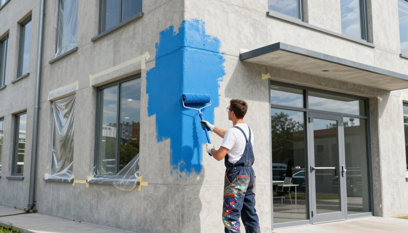 “Painter applying bold blue paint to the corner of a commercial building for a painting company in Herriman, UT”