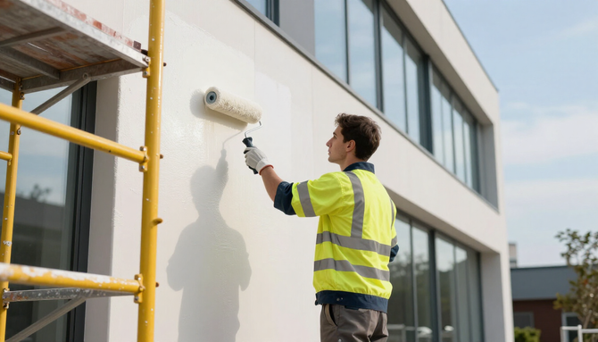 “Worker in safety vest painting a commercial exterior wall with a roller for a painting company in Herriman, UT”