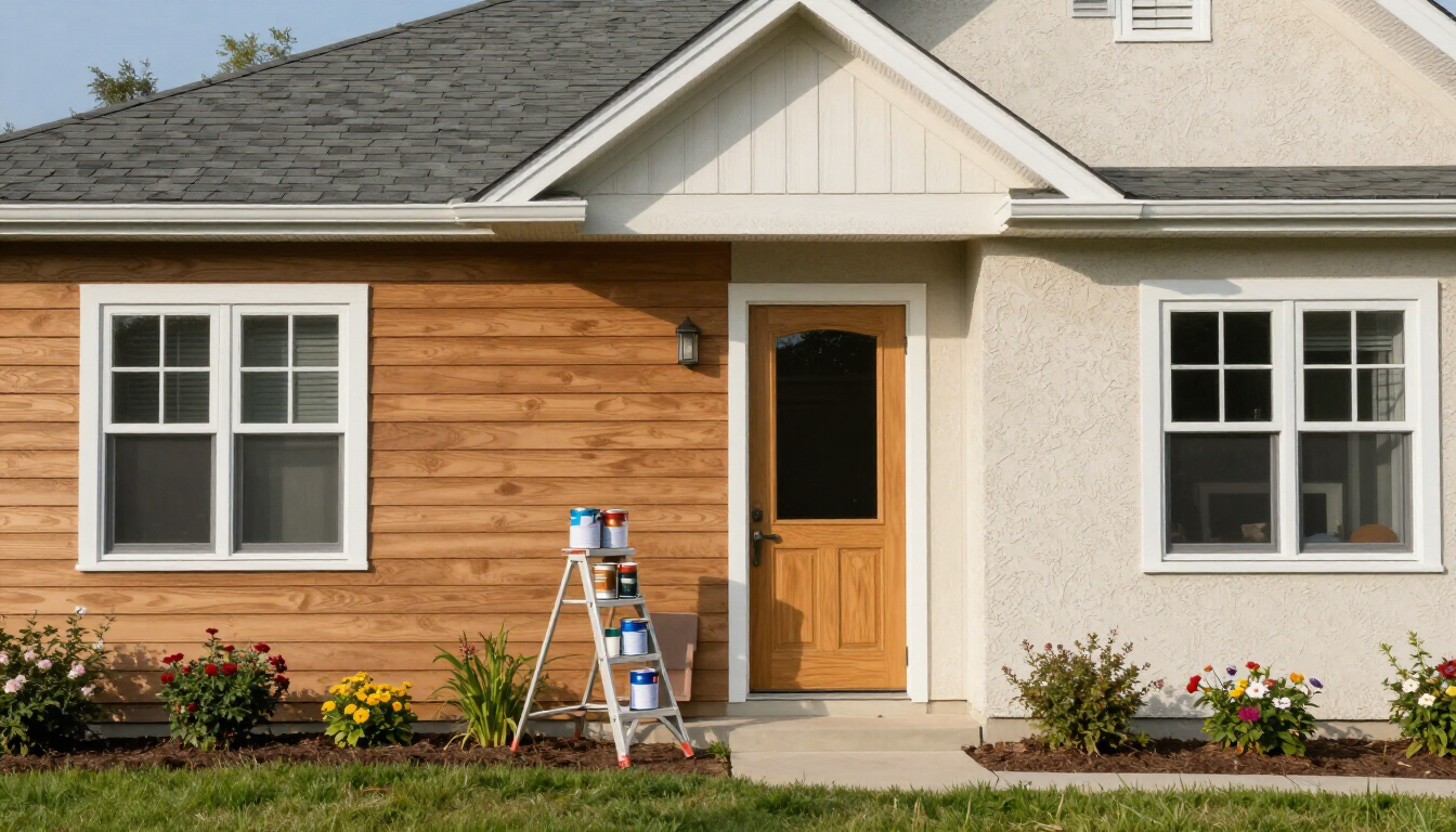 “Home exterior prepared for painting with ladder, fresh siding, and clean trim work by a painting company in Herriman, UT”