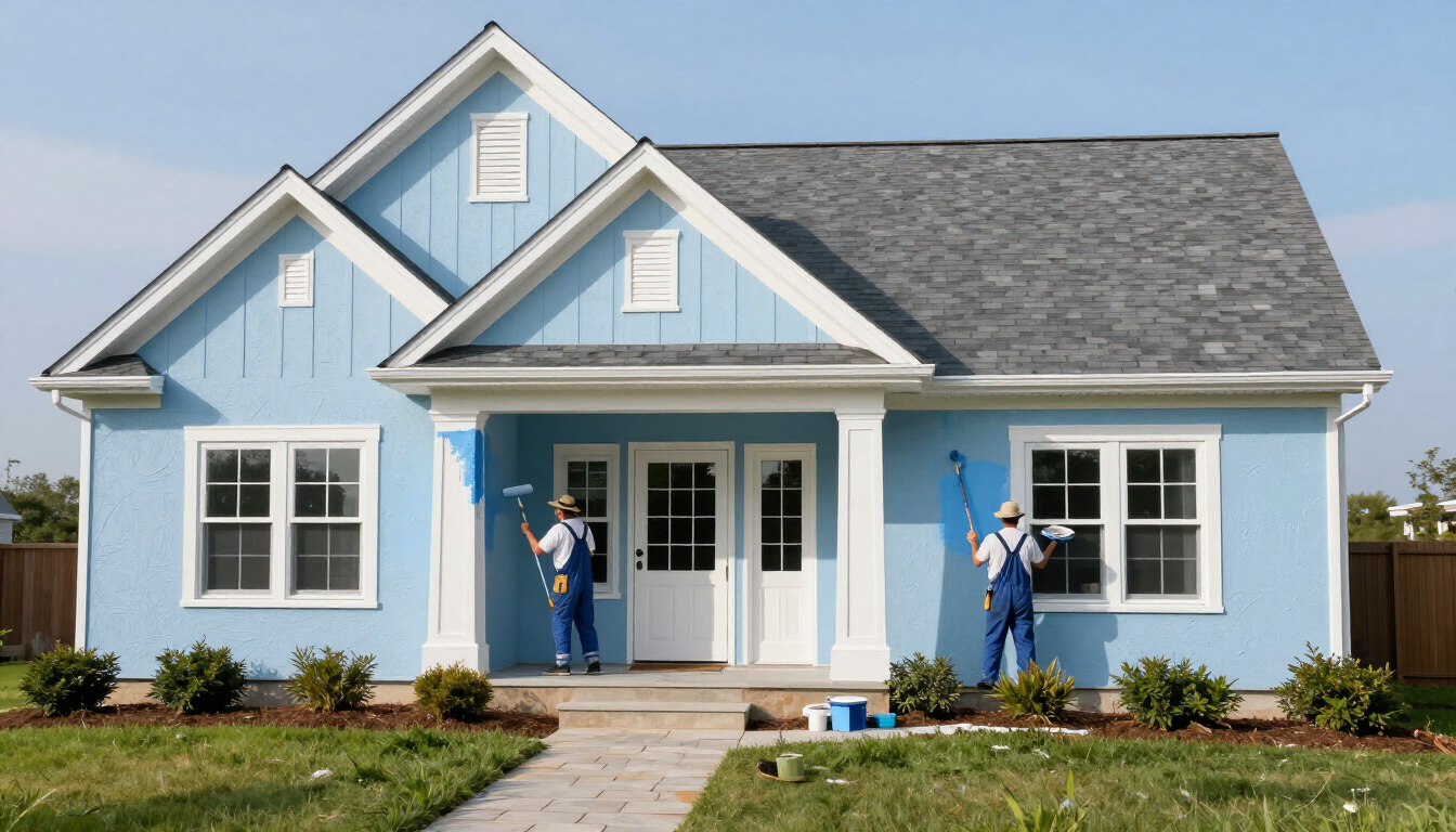 “Two painters applying blue paint to a home exterior with white trim for a painting company in Herriman, UT”