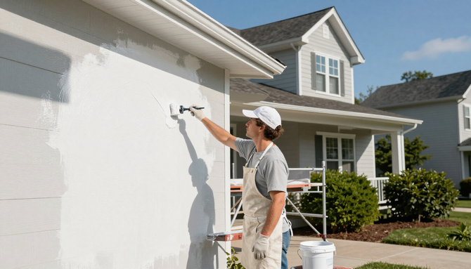 “Painter applying fresh white paint to a home exterior near windows and siding for a painting company in Herriman, UT”