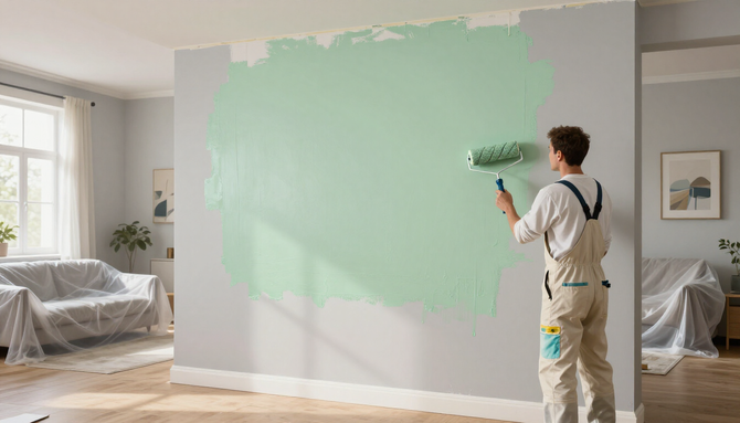 “Interior painter applying light green paint to a living room wall with covered furniture for a painting company in Herriman, UT”
