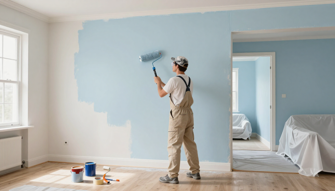“Painter rolling soft blue paint onto an interior wall in a bright room for a painting company in Herriman, UT”