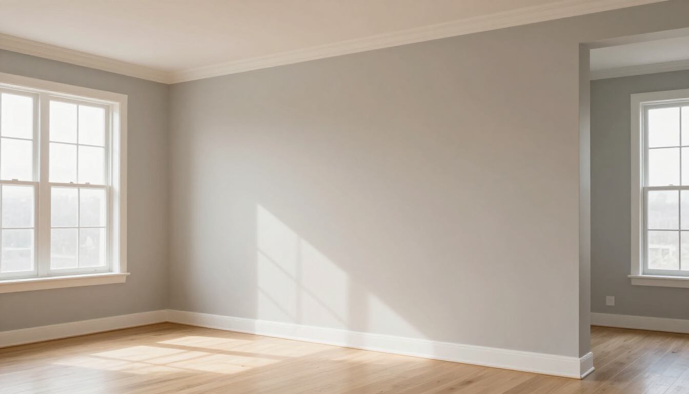 “Empty room with freshly painted gray walls, natural window light, and clean wood floors by a painting company in Herriman, UT”