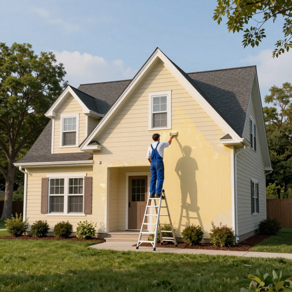 “Painter refreshing the upper exterior of a beige house with a roller for a painting company in Herriman, UT”