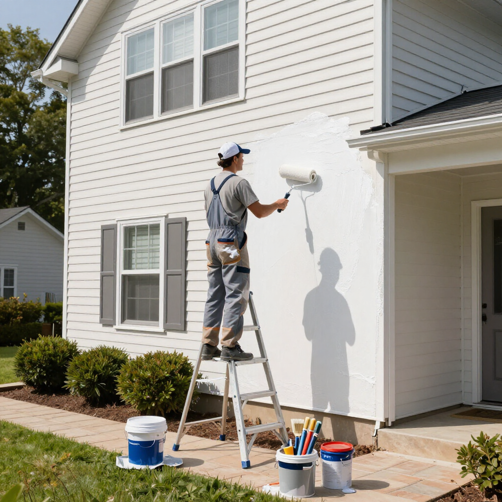 “Painter coating white exterior siding on a two-story home for a painting company in Herriman, UT”