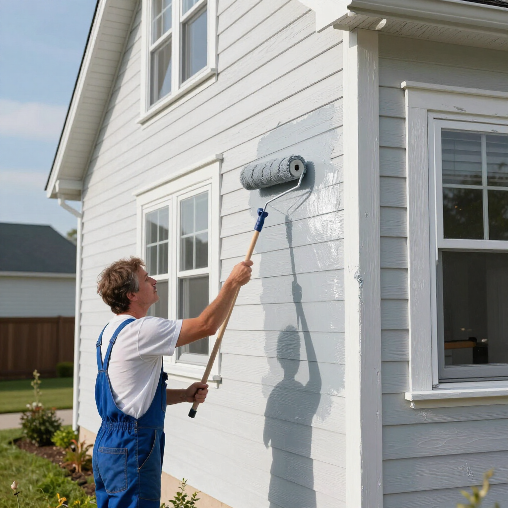 “Paint roller applying fresh white paint around exterior house windows for a painting company in Herriman, UT”
