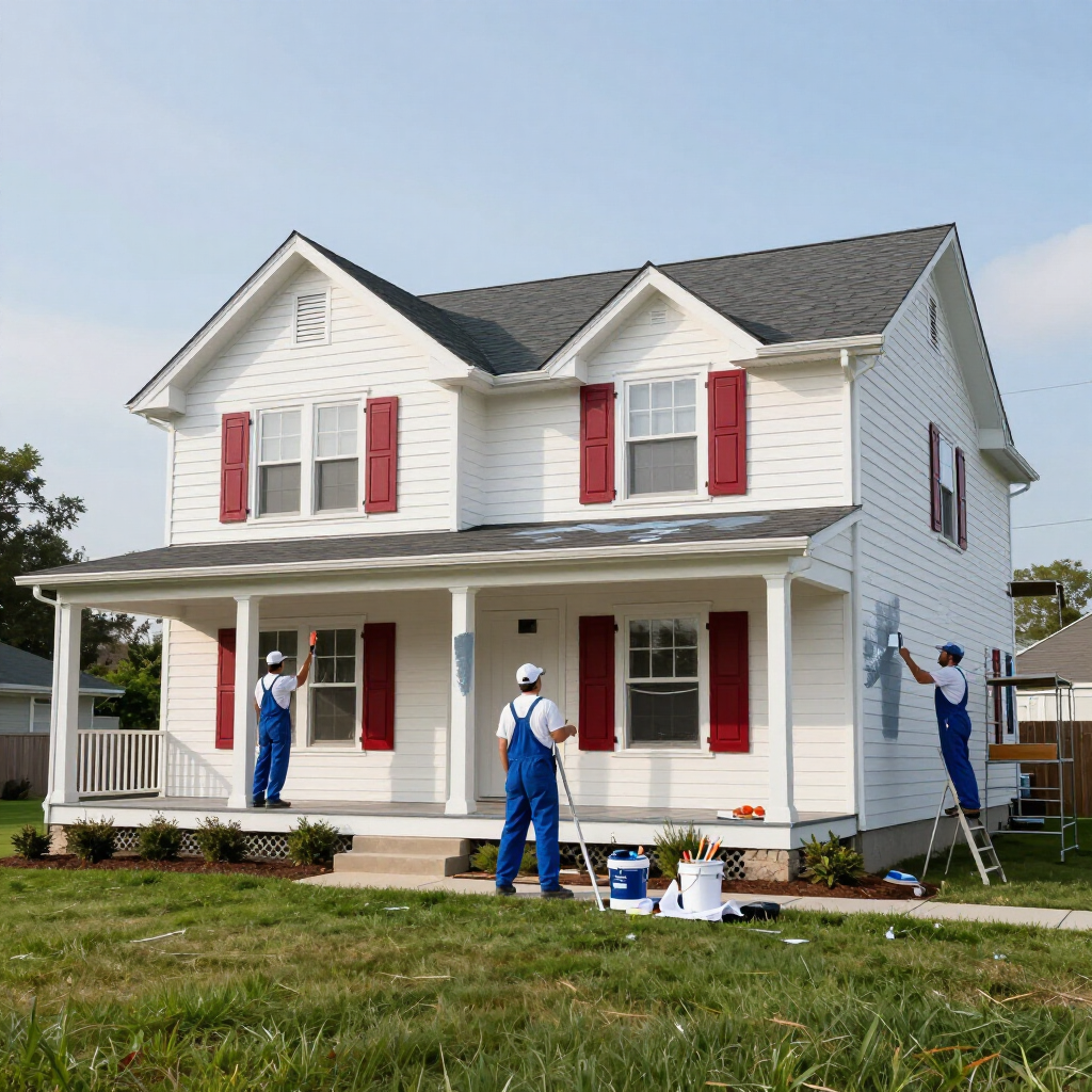 “Finished white home exterior with red shutters and clean trim after work by a painting company in Herriman, UT”