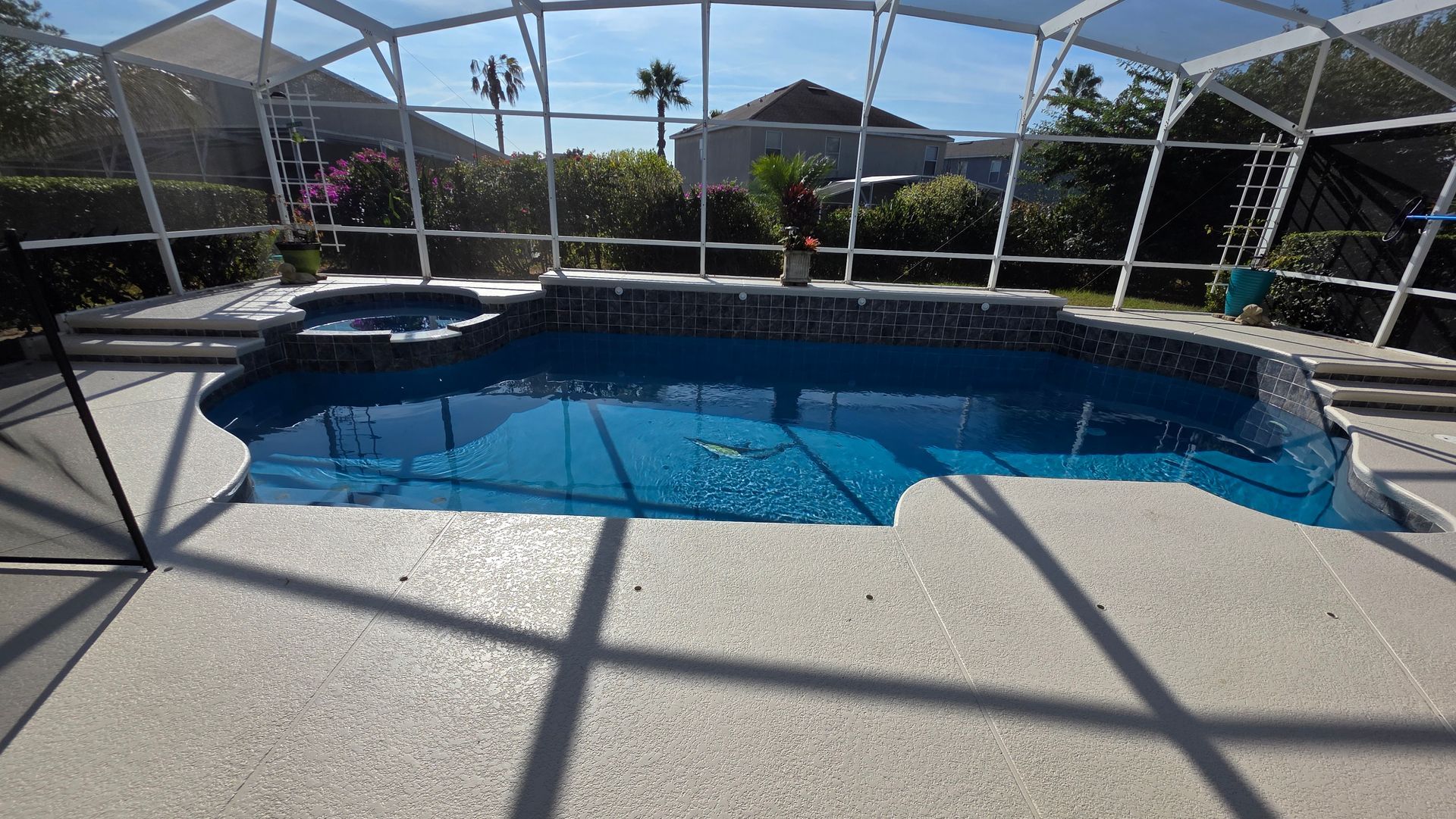 Pool enclosed in a screen with blue water, surrounded by a light-colored patio.