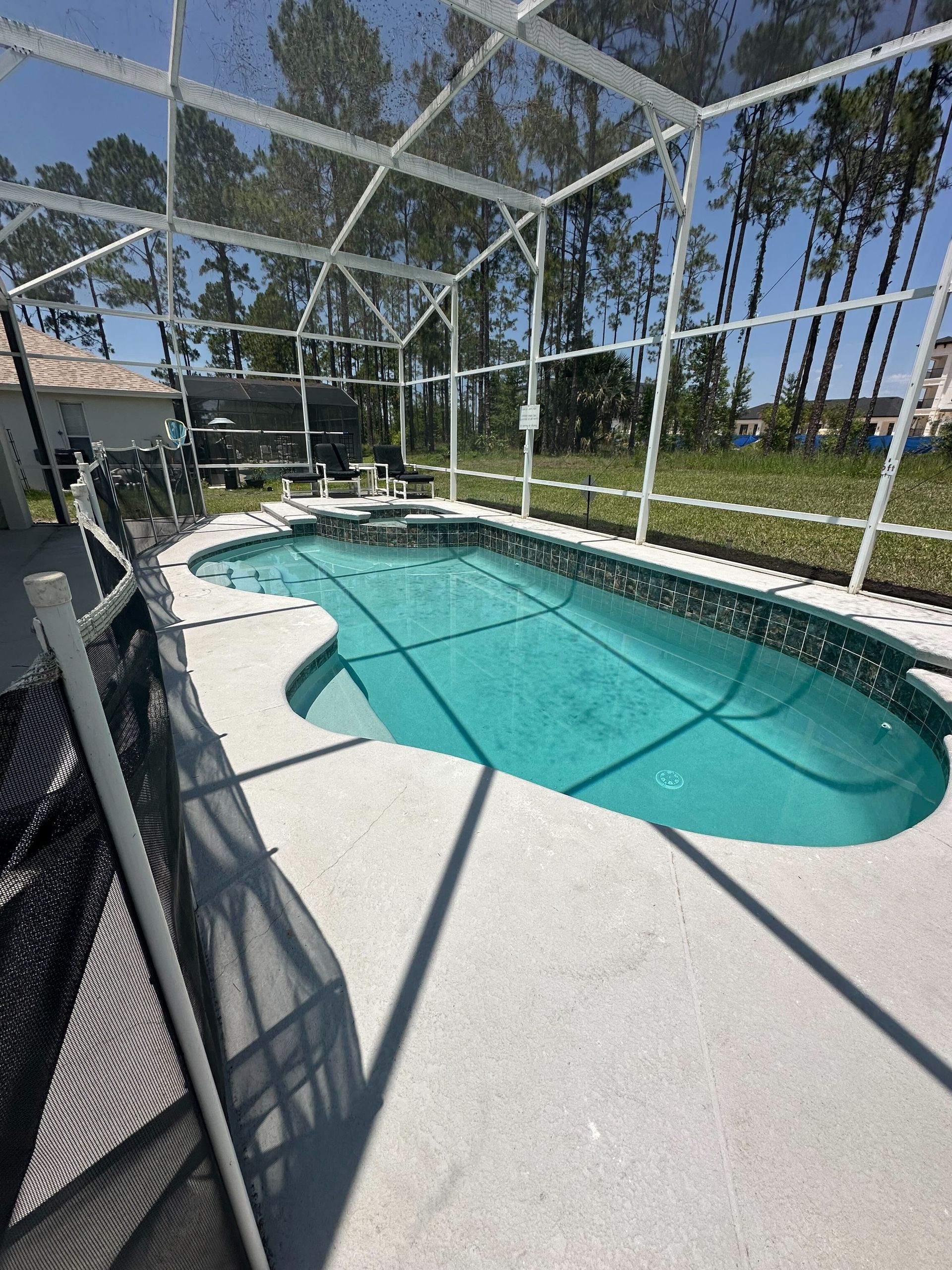 Pool inside a screened enclosure; concrete patio; blue water; tall trees in the background.