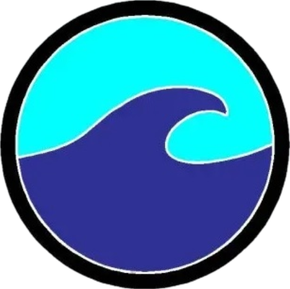 A circular logo with a turquoise and blue wave.