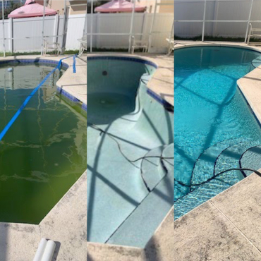 Pool cleaning progression: murky green to clear blue water. Concrete patio, white fence.