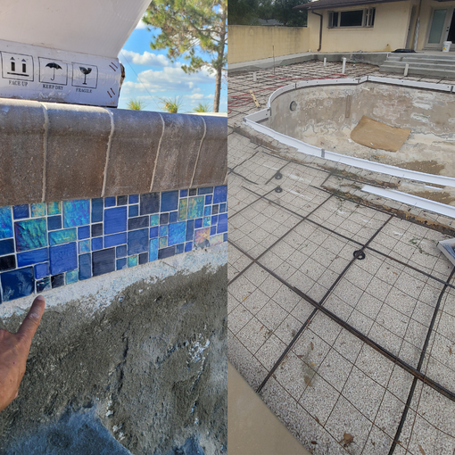 A before and after picture of a swimming pool being built