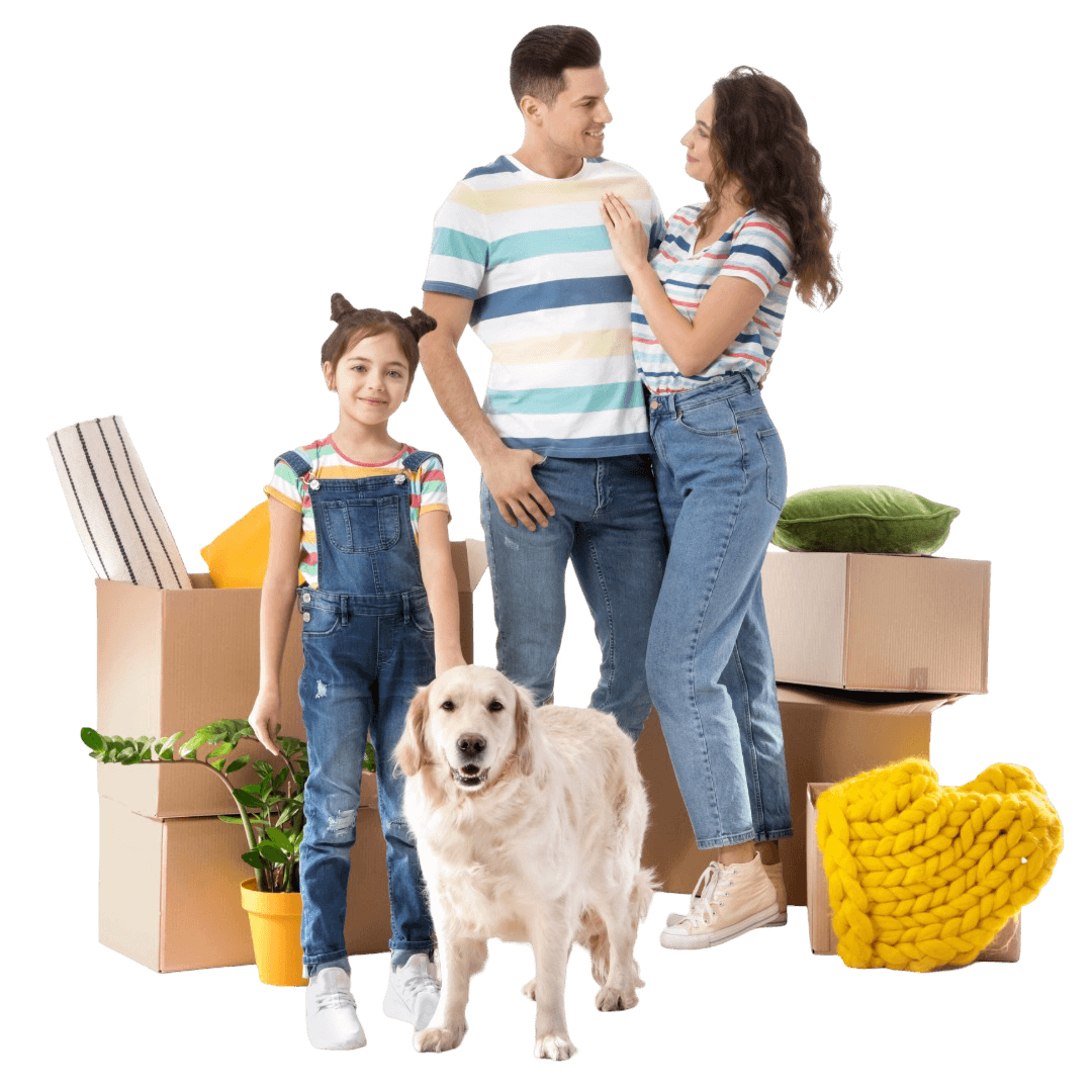 Family standing among moving boxes with a dog, packing for a move.