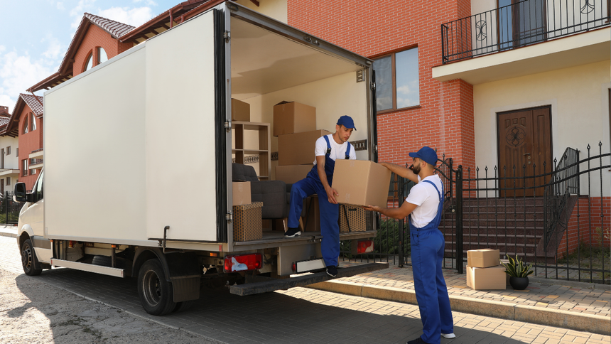 Two movers unloading boxes from a white truck outside a brick house