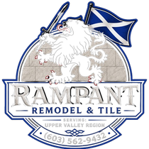 Rampant Remodel & Tile logo with white lion, Scottish flag, and phone number 603-562-9432