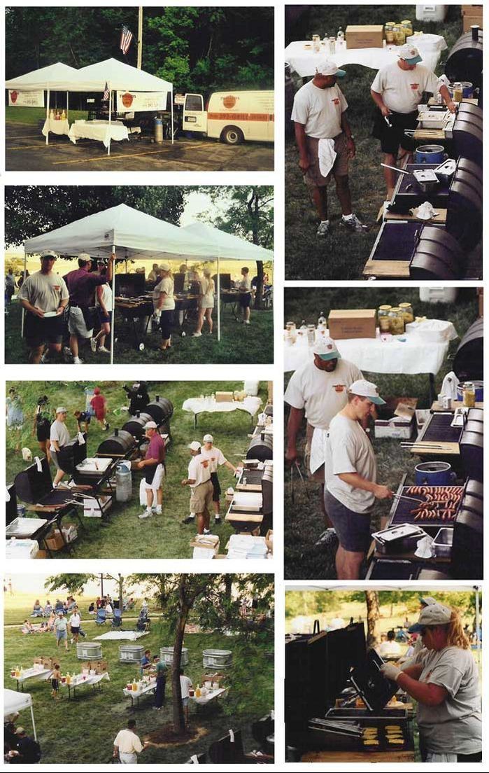 Collage of people at an outdoor barbecue and picnic under white tents in a grassy park.