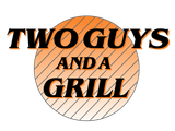 Logo reading “Two Guys and a Grill” over a peach striped circle.