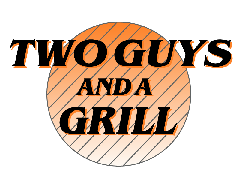 Logo reading “Two Guys and a Grill” over a peach striped circle.