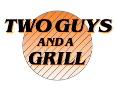 Logo reading “Two Guys and a Grill” over a peach striped circle.