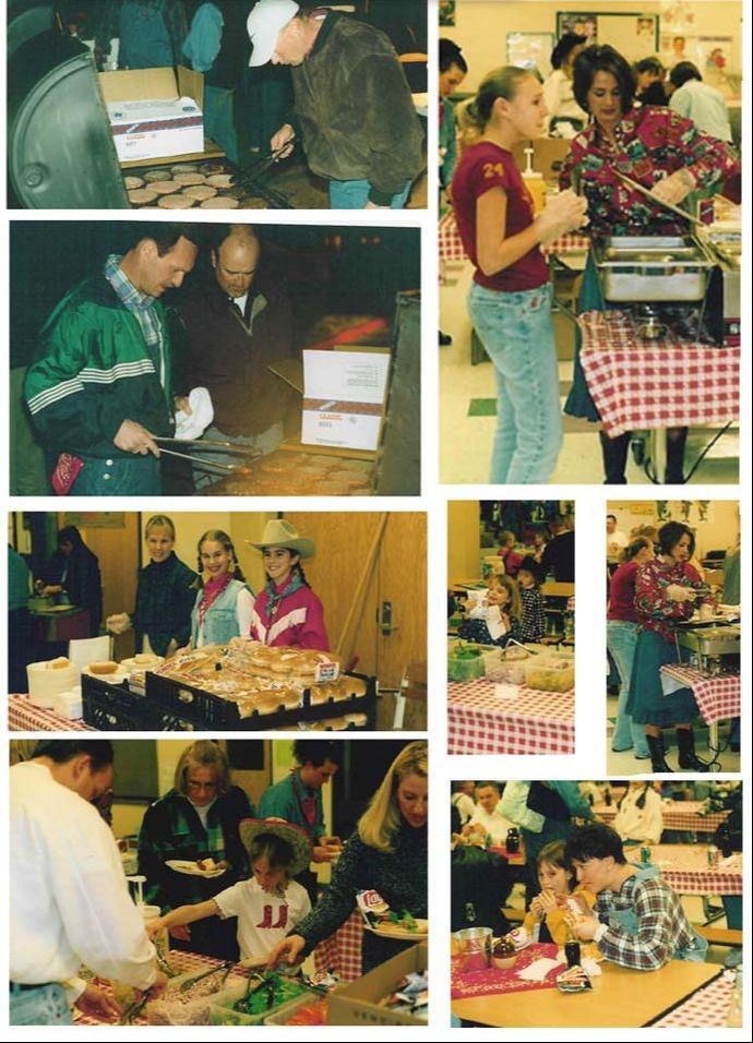 Collage of people browsing and buying goods at indoor market tables covered with checkered cloths